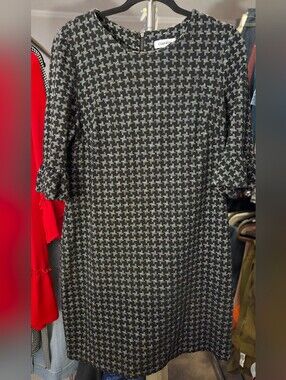Calvin Klein Black and Gray Houndstooth Midi Shift Dress Sz.12